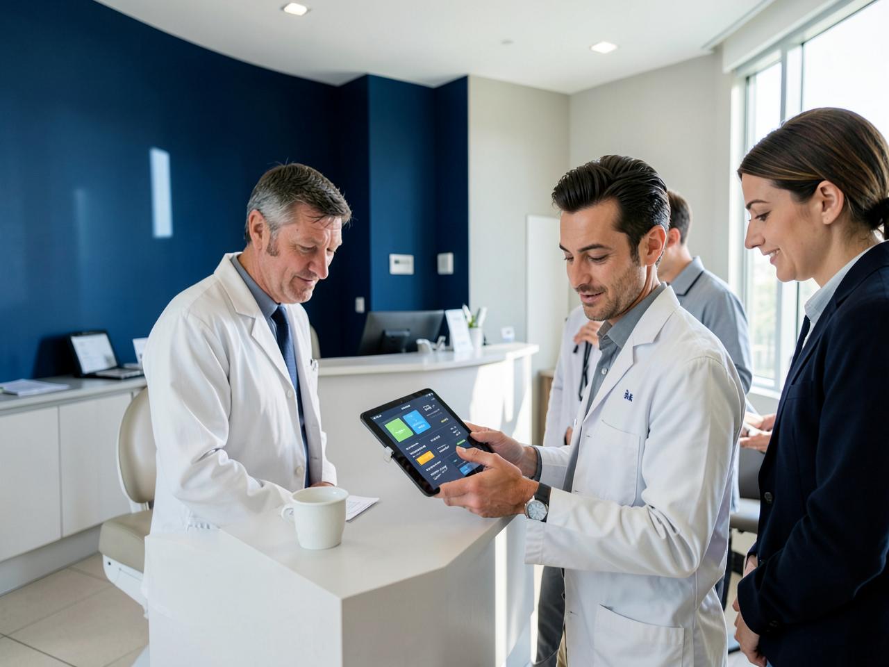 Equipe de uma clínica odontológica moderna analisando indicadores de gestão